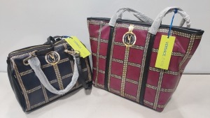 2 X BRAND NEW MIXED VERSACE JEANS COUTURE BAG LOT TO INCLUDE 1X VERSACE JEANS PRINTED BAG IN WINE SIZE L-35CM - H-30CM - D-13CM - 1X VERSACE JEANS PRINTED BAG IN NAVY SIZE - L-30CM - H-20CM - D-13CM (CLG CODE AUTHENTICATED)