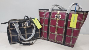 2 X BRAND NEW MIXED VERSACE JEANS COUTURE BAG LOT TO INCLUDE 1X VERSACE JEANS PRINTED BAG IN WINE SIZE L-35CM - H-30CM - D-13CM - 1X VERSACE JEANS PRINTED BAG IN NAVY SIZE - L-30CM - H-20CM - D-13CM (CLG CODE AUTHENTICATED)