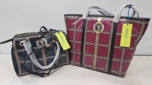 2 X BRAND NEW MIXED VERSACE JEANS BAG LOT TO INCLUDE 1X VERSACE JEANS PRINTED BAG IN WINE SIZE L-35CM - H-30CM - D-13CM - 1X VERSACE JEANS PRINTED BAG IN NAVY SIZE - L-30CM - H-20CM - D-13CM (CLG CODE AUTHENTICATED)