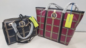 2 X BRAND NEW MIXED VERSACE JEANS COUTURE BAG LOT TO INCLUDE 1X VERSACE JEANS PRINTED BAG IN WINE SIZE L-35CM - H-30CM - D-13CM - 1X VERSACE JEANS PRINTED BAG IN NAVY SIZE - L-30CM - H-20CM - D-13CM (CLG CODE AUTHENTICATED)