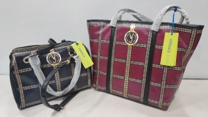 2 X BRAND NEW MIXED VERSACE JEANS COUTURE BAG LOT TO INCLUDE 1X VERSACE JEANS PRINTED BAG IN WINE SIZE L-35CM - H-30CM - D-13CM - 1X VERSACE JEANS PRINTED BAG IN NAVY SIZE - L-30CM - H-20CM - D-13CM (CLG CODE AUTHENTICATED)