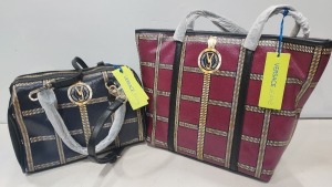 2 X BRAND NEW MIXED VERSACE JEANS COUTURE BAG LOT TO INCLUDE 1X VERSACE JEANS PRINTED BAG IN WINE SIZE L-35CM - H-30CM - D-13CM - 1X VERSACE JEANS PRINTED BAG IN NAVY SIZE - L-30CM - H-20CM - D-13CM (CLG CODE AUTHENTICATED)