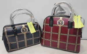 2 X BRAND NEW MIXED VERSACE JEANS BAG LOT TO INCLUDE 1X VERSACE JEANS PRINT BAG IN WINE WITH SHOULDER STRAP SIZE - L-30CM - H-28CM - D13CM 1X VERSACE JEANS PRINTED BAG IN NAVY SIZE - L-30CM - H-20CM - D-13CM (CLG CODES AUTHENTICATED)