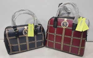 2 X BRAND NEW MIXED VERSACE JEANS COUTURE BAG LOT TO INCLUDE 1X VERSACE JEANS PRINT BAG IN WINE WITH SHOULDER STRAP SIZE - L-30CM - H-28CM - D13CM 1X VERSACE JEANS PRINTED BAG IN NAVY SIZE - L-30CM - H-20CM - D-13CM (CLG CODES AUTHENTICATED)