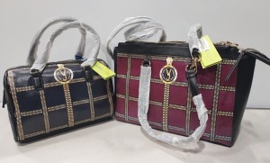 2 X BRAND NEW MIXED VERSACE JEANS COUTURE BAG LOT TO INCLUDE 1X VERSACE JEANS PRINT BAG IN WINE WITH SHOULDER STRAP WITH 3 ZIPPED COMPARTMENTS - SIZE L-35CM - H-25CM - D-13CM - 1X VERSACE JEANS PRINTED BAG IN NAVY SIZE - L-30CM - H-20CM - D-13CM (CLG COD