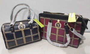 2 X BRAND NEW MIXED VERSACE JEANS BAG LOT TO INCLUDE 1X VERSACE JEANS PRINT BAG IN WINE WITH SHOULDER STRAP WITH 3 ZIPPED COMPARTMENTS - SIZE L-35CM - H-25CM - D-13CM - 1X VERSACE JEANS PRINTED BAG IN NAVY SIZE - L-30CM - H-20CM - D-13CM (CLG CODES AUTHE