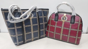 2 X BRAND NEW MIXED VERSACE JEANS COUTURE BAG LOT TO INCLUDE 1X VERSACE JEANS PRINT BAG IN WINE WITH SHOULDER STRAP SIZE - L-30CM - H-28CM - D13CM 1X VERSACE JEANS PRINTED BAG IN NAVY SIZE - L-30CM - H-30CM - D-13CM 9CLGS CODES AUTHENTICATED)