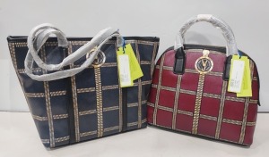 2 X BRAND NEW MIXED VERSACE JEANS COUTURE BAG LOT TO INCLUDE 1X VERSACE JEANS PRINT BAG IN WINE WITH SHOULDER STRAP SIZE - L-30CM - H-28CM - D13CM 1X VERSACE JEANS PRINTED BAG IN NAVY SIZE - L-30CM - H-30CM - D-13CM 9CLGS CODES AUTHENTICATED)