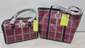 2 X BRAND NEW MIXED VERSACE JEANS BAG LOT TO INCLUDE 1X VERSACE JEANS PRINTED BAG IN WINE SIZE L-35CM - H-30CM - D-13CM - 1X VERSACE JEANS PRINTED BAG IN WINE WITH SHOULDER STRAP SIZE - L-30CM - H-20CM - D-13CM