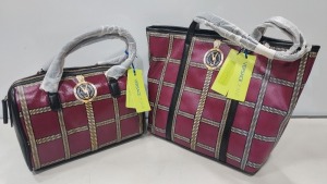 2 X BRAND NEW MIXED VERSACE JEANS COUTURE BAG LOT TO INCLUDE 1X VERSACE JEANS PRINTED BAG IN WINE SIZE L-35CM - H-30CM - D-13CM - 1X VERSACE JEANS PRINTED BAG IN WINE WITH SHOULDER STRAP SIZE - L-30CM - H-20CM - D-13CM