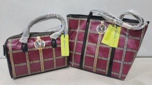 2 X BRAND NEW MIXED VERSACE JEANS BAG LOT TO INCLUDE 1X VERSACE JEANS PRINTED BAG IN WINE SIZE L-35CM - H-30CM - D-13CM - 1X VERSACE JEANS PRINTED BAG IN WINE WITH SHOULDER STRAP SIZE - L-30CM - H-20CM - D-13CM