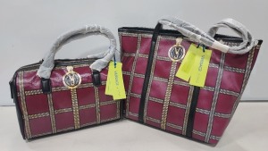 2 X BRAND NEW MIXED VERSACE JEANS COUTURE BAG LOT TO INCLUDE 1X VERSACE JEANS PRINTED BAG IN WINE SIZE L-35CM - H-30CM - D-13CM - 1X VERSACE JEANS PRINTED BAG IN WINE WITH SHOULDER STRAP SIZE - L-30CM - H-20CM - D-13CM