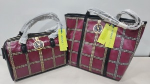 2 X BRAND NEW MIXED VERSACE JEANS BAG LOT TO INCLUDE 1X VERSACE JEANS PRINTED BAG IN WINE SIZE L-35CM - H-30CM - D-13CM - 1X VERSACE JEANS PRINTED BAG IN WINE WITH SHOULDER STRAP SIZE - L-30CM - H-20CM - D-13CM