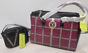 2 X BRAND NEW MIXED VERSACE JEANS COUTURE BAG LOT TO INCLUDE 1X VERSACE JEANS PRINT BAG IN WINE WITH SHOULDER STRAP SIZE - L-30CM - H-28CM - D13CM 1X VERSACE JEANS PRINTED BAG IN BLACK - SIZE L-17CM - H-13CM - D-6CM (CLG CODES AUTHENTICATED)