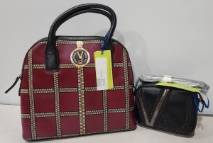 2 X BRAND NEW MIXED VERSACE JEANS BAG LOT TO INCLUDE 1X VERSACE JEANS PRINT BAG IN WINE WITH SHOULDER STRAP SIZE - L-30CM - H-28CM - D13CM 1X VERSACE JEANS PRINTED BAG IN BLACK - SIZE L-17CM - H-13CM - D-6CM (CLG CODES AUTHENTICATED)