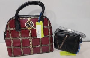 2 X BRAND NEW MIXED VERSACE JEANS BAG LOT TO INCLUDE 1X VERSACE JEANS PRINT BAG IN WINE WITH SHOULDER STRAP SIZE - L-30CM - H-28CM - D13CM 1X VERSACE JEANS PRINTED BAG IN BLACK - SIZE L-17CM - H-13CM - D-6CM (CLG CODES AUTHENTICATED)