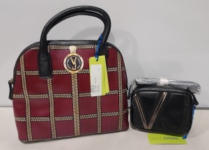 2 X BRAND NEW MIXED VERSACE JEANS BAG LOT TO INCLUDE 1X VERSACE JEANS PRINT BAG IN WINE WITH SHOULDER STRAP SIZE - L-30CM - H-28CM - D13CM 1X VERSACE JEANS PRINTED BAG IN BLACK - SIZE L-17CM - H-13CM - D-6CM (CLG CODES AUTHENTICATED)