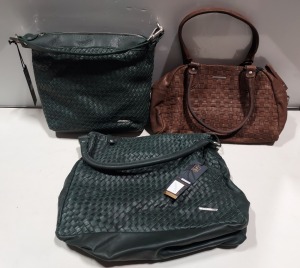 3 X BRAND NEW MIXED VENEZIA VERA PELE REAL LEATHER BAGS TO INCLUDE 1X MARCO VENEZIA CLARISSA GREEN HANDBAG WITH SHGOULDER STRAP - 1X MARCO VENEZIA RISTO HANDBAG EWITH STRAP IN BROWN - 1X MARCXO VENEZIA SHOUKLDER STRAP HAND BAG IN GREEN