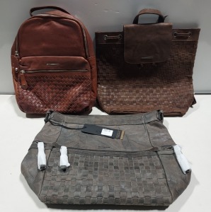 3 X BRAND NEW MIXED VENEZIA VERA PELE REAL LEATHER BAGS TO INCLUDE 1X MARCO VENEZIA RICARDA BROWN BACKPACK - 1 X MRACO VENEZIA HAND BAG WITH SHOULDER STRAP IN GREY - 1 X MARCO VENEZIA DARK BROWN BACK PACK