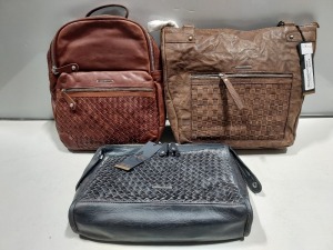 3 X BRAND NEW MIXED VENEZIA VERA PELE REAL LEATHER BAGS TO INCLUDE 1X MARCO VENEZIA RIMMI LARGE HAND BAG IN DARK BROWN - 1X MARCO VENEZIA ELMA BACK PACK IN GREY - 1X MARCO VENEZIA RICARDA HAND BAG IN BROWN