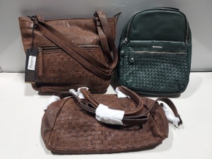 3 X BRAND NEW MIXED VENEZIA VERA PELE REAL LEATHER BAGS TO INCLUDE 1X MARCO VENEZIA RIMINI LARGE HAND BAG IN BROWN - 1X M,ARCO VENEZIA RICARDA GREEN BACK PACK - 1X MARCO VENEZIA RISTO HAND BAG IN BROWN