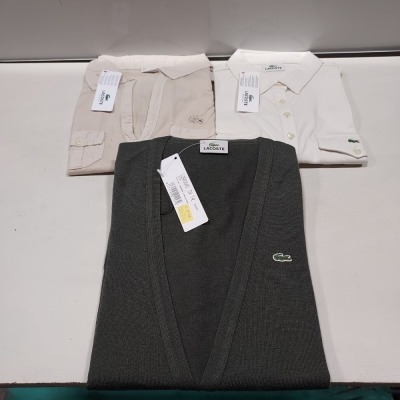 10 X PIECE MIXED BRAND NEW LACOSTE CLOTHING LOT TO INCLUDE 1X LACOSTE STRIPED SHORT SLEEVE TOP - 1X LACOSTE CONTRAST COLLAR TANK TOP - 1X LACOSTE KHAKI BUTTON UP CARDIGAN - 1X LACOSTE HOODED THIN TOP ETC ALL IN VARIOUS SIZES