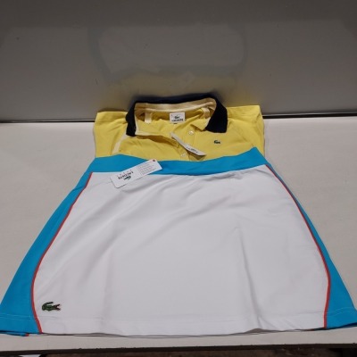 10 X PIECE MIXED BRAND NEW LACOSTE CLOTHING LOT TO INCLUDE 2X LACOSTE CONTRAST COLLAR TANK TOP - 8 X LACOSTE SPORTS MINI SKIRT IN WHITE AND BLUE ALL IN VARIOUS SIZES