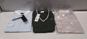 10 X PIECE MIXED BRAND NEW LACOSTE CLOTHING LOT TO INCLUDE 1X LACOSTE POLO STRIPED T-SHIRT - 1X LACOSTE SMART PIN STRIPE SHIRTS - 2X LACOSTE GREEN TEXTURED VESTS - 5X LACOSTE STRIPE SHIRTS ETC ALL IN VARIOUS SIZES