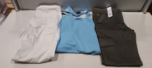 10 X PIECE MIXED BRAND NEW LACOSTE CLOTHING LOT TO INCLUDE 3X LACOSTE HALTER NECK SWING DRESSES IN BLUE - 1X LACOSTE KHAKI COMBAT TROUSERS - 6 X LACOSTE LIGHT WEIGHT TROUSERS IN IVORY ALL IN VARIOUS SIZES