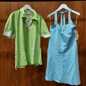 10 X PIECE MIXED BRAND NEW LACOSTE CLOTHING LOT TO INCLUDE 7X LACOSTE HALTER NECK SWING DRESSES IN BLUE - 2X LACOSTE WRAPPED MINI SKIRTS IN GREEN 1X LACOSTE CONTRAST POLO T-SHIRT ALL IN VARIOUS SIZES