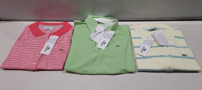 10 X PIECE MIXED BRAND NEW LACOSTE CLOTHING LOT TO INCLUDE 2X LACOSTE CONTRAST POLO SHIRTS IN GREEN - 2X LACOSTE HOODED THIN TOPS - 1X LACOSTE STRIPED THIN POLO T-SHIRT - 1X LACOSTE POCKET FRONT SLEEVELESS TOP ETC ALL IN VARIOUS SIZES
