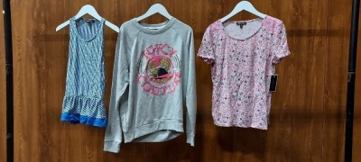 10 X PIECE BRAND NEW MIXED JUICY COUTURE CLOTHING LOT TO INCLUDE 2X SOFT HUSH HOPE SLEEP ESSENTIAL TEE - 1X HEATHER GRAPHIC GLAMOUR SOFT PULL OVER IN GREY - 1X ANGEL PINAPPLE TANK TOP - SUMMER RAIN SLEEP ESSENTIALS TANK TOP ETC ALL IN VARIOUS SIZES