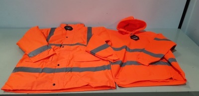 12 X BRAND NEW MIXED SAFETY CLOTHING LOT TO INCLUDE BLACKROCK AND SEEN ORANGE HI VIS COATS IN SIZES M-XL-3XL AND BLACKROCK ORANGE HOODED SWEATSHIRTS IN SIZE L-XL IN 2 BOXES