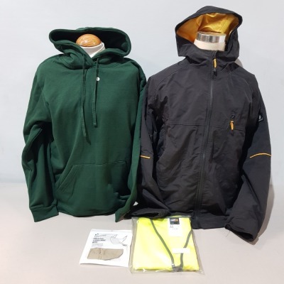 150+ PIECE BRAND NEW MIXED SAFETY CLOTHING LOT TO INCLUDE BLACK MASCOT JACKET - PREMIER BLACK POLO SHIRTS - BEESWIFT HI-VIS WAISTCOATS - PREMIER 3 LAYER FABRIC MASKS - BEECHFILED SNOODS - HOODED JUMPERS IN VARIOUS STYLES AND COLOURS - IN VARIOUS SIZES