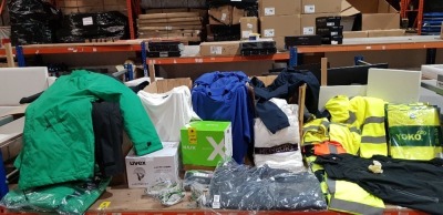 75+ PIECE BRAND NEW MIXED SAFETY CLOTHING LOT TO INCLUDE BEESWIFT YELLOW HI-VIS HOODED JUMPERS - YOKO HI VIS YELLOW JUMPERS - MUSTO BLACK BODY WARMER - WHITE POLO T-SHIRTS - REGGATTA JACKET - UVEX HARD HAT - SAFETY GLASSES - ETC ALL IN VARIOUS SIZES
