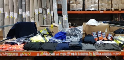 LARGE AMOUNT OF BRAND NEW MIXED SAFETY CLOTHING LOT CONTAINING HI-VIS POLO SHIRTS IN YELLOW SIZE M , SILVERSWIFT TWO TONE COMBAT TROUSER IN NAVY ROYAL BLUE IN SIZE 36T , FLUX BODYWARMER IN NAVY IN SIZE XL , CELESTIAL TOPS IN BLUE SIZE LARGE , WONDER GRIP