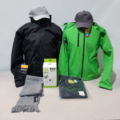 100+ BRAND NEW MIXED CLOTHING / WORKWEAR LOT CONTAINING BEESWIFT P3V RESPIRATORS , REGATTA PROFESSIONAL WATERPROOF JACKET IN BLACK SIZE LARGE , GUADRA SPORTS BAGS IN BLACK / NAVY , BEESWIFT SUPER CLICK PC TROUSERS IN NAVY SIZES 32S , 34S , 44 , BASEBALL C