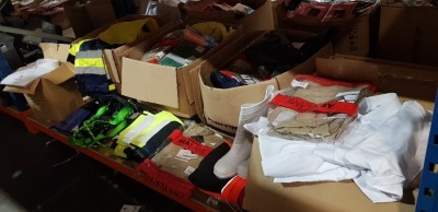 LARGE AMOUNT OF BRAND NEW MIXED SAFETY CLOTHING LOT CONTAINING ARAFLAME SILVER COVERALLS IN KHAKI IN SIZE 36 , NANTES HI-VIS COVERALLS IN YELLOW/NAVY IN SIZE XXL , THE BUSINESS WEAR SHORT SLEEVE WHITE SHIRTS IN MIXED SIZES 16.5 , 17 , TURIN PREMIUM T- SH
