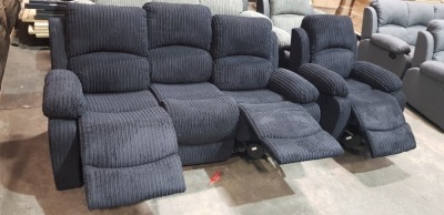 2 X PIECE BRAND NEW SOFA LOT TO INCLUDE 1X RECLINER 3 SEATER SOFA IN BLACK 1X BLACK RECLINING ARM CHAIR