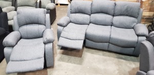 2 X PIECE BRAND NEW SOFA LOT TO INCLUDE 1X RECLINER 3 SEATER SOFA IN GREY 1X GREY RECLINING ARM CHAIR