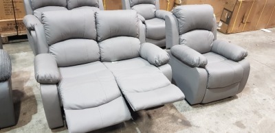 2 X PIECE SOFA LOT TO INCLUDE 1X RECLINER FAUX LEATHER 2 SEATER SOFA IN GREY 1X GREY FAUX LEATHER ARM CHAIR - PLASE NOTE RIP ON ARM CHAIR
