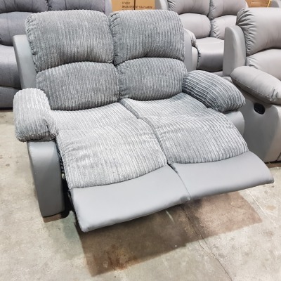 1 X BRAND NEW FULL CORD/FAUX LEATHER GREY RECLINING 2 SEATER SOFA