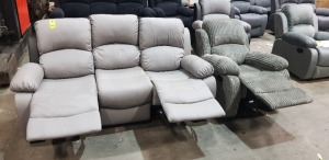 2 X PIECE SOFA LOT TO INCLUDE 1 X GREY AND BLACK FAUX LEATHER RECLINING 3 SEATER SOFA - PLEASE NOTE CUSHION ARMS MARKED/DIRTY & DO NOT MATCH SEATS MARKED/DIRTY - 1 X GREY RECLINING ARM CHAIR PLEASE NOTE CUSHION ON RIGHT ARM RIPPED