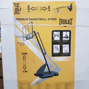 1 X BRAND NEW EVERLAST PREMIUM BASKETBALL STAND - ADJUSTABLE HEIGHT - 2.7 M - 3.05 - SHATTER PROOF HIGH DESITY BACKBOARD - 110 LITRE BASE TO BE FILLED WITH EATER OR SAND - IN 1 BOX