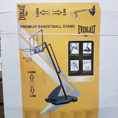 1 X BRAND NEW EVERLAST PREMIUM BASKETBALL STAND - ADJUSTABLE HEIGHT - 2.7 M - 3.05 - SHATTER PROOF HIGH DESITY BACKBOARD - 110 LITRE BASE TO BE FILLED WITH EATER OR SAND - IN 1 BOX