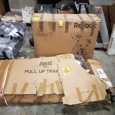 2 PIECE MIXED LOT CONTAINING REEBOK ONE GSB EXERCISE BIKE ( AROV-11600 ) AND 1 X EVERLAST PULL UP TRAINER ( G93255/4 ) ( PLEASE NOTE THESE ARE CUSTOMER RETURNS - BOXES HEAVILY DAMAGED - CONDITION UNKNOWN )