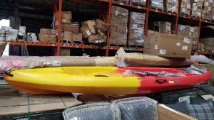 1 X BRAND NEW GUL HAWKERS 2 PERSON KAYAK - IN RED AND ORANGE - INCLUDES 2 REMOVABLE COMFORT SEATS /4 X PADDLES / DRY SEAL HATCHES / PADDLE HOLDERS / ( SIZE : 380 CM LENGTH / BEAM 85CM / DEPTH 35 CM ) - 32KG