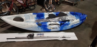 1 X GUL KYNANCE 1 PERSON KAYAK -INCLUDES 2 PADDLES = 1 CONFORT SEATS ALSO TO INCLUSE 1 X BRAND NEW SHAKESPEARE CHALLENGE XT FISHING ROD (LENGTH 268 CM / BEAK 82 CM / DEPTH 35 CM ) - 21 KG ( MINOR SRATCHES ALL AROUND )