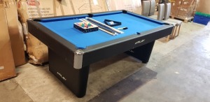 1 X RILEY 7 FT POOL TABLE ( BUILT ) - INCLUDES CUES / BALLS / CHALK / TRIANGLE AND BRUSH ( PLEASE NOTE SCUFFS AND SCRATCHES ALL OVER AND CRACK DOWN THE SIDE - TABLE TOP IS STILL FUNCTIONAL )