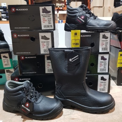 7 X BRAND NEW MIXED BLACKROCK WORK BOOTS TO INCLUDE 4 X CHUKKA BOOTS - IN UK 10 / UK 9 1 X WATER ERESISTANT CHUKKA BOOTS UK 9 1 X WILSON TRAINER - UK 9 1 X FUR LINED RIGGER BOOTS - UK 9